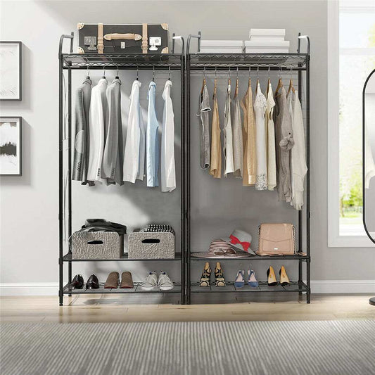 Extra Large Iron Clothes Rack in black metal with two hanging rods, wire shelves, and clothes, shoes and bags