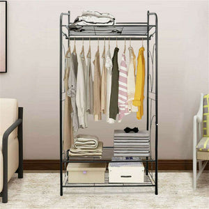 Extra Large Iron Clothes Rack in black metal, with a hanging rod, three wire shelves, and curved side supports