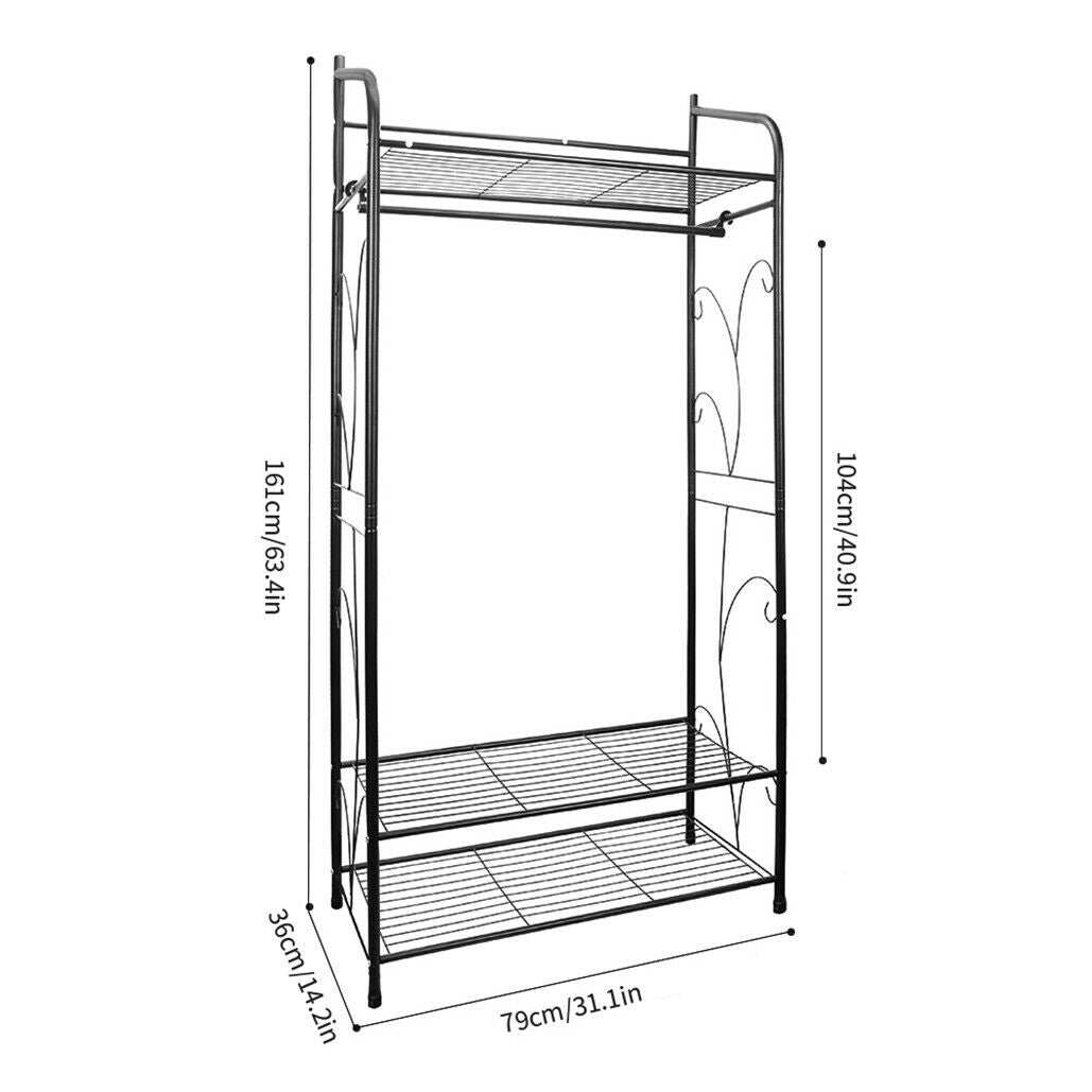 Extra Large Iron Clothes Rack in black iron, with a hanging rod, three wire shelves and decorative curved side supports