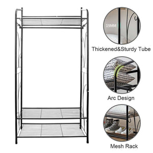 Extra Large Iron Clothes Rack in black metal with a hanging rod, three wire mesh shelves and curved side supports.