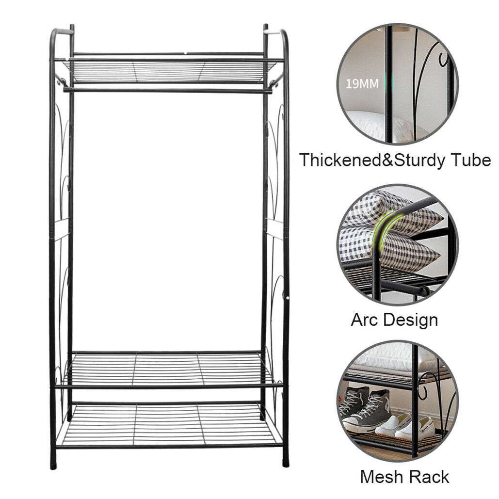 Extra Large Iron Clothes Rack in black metal with a hanging rod, three wire mesh shelves and curved side supports.
