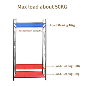 Extra Large Iron Clothes Rack with a black metal frame, blue top shelf and two red lower shelves