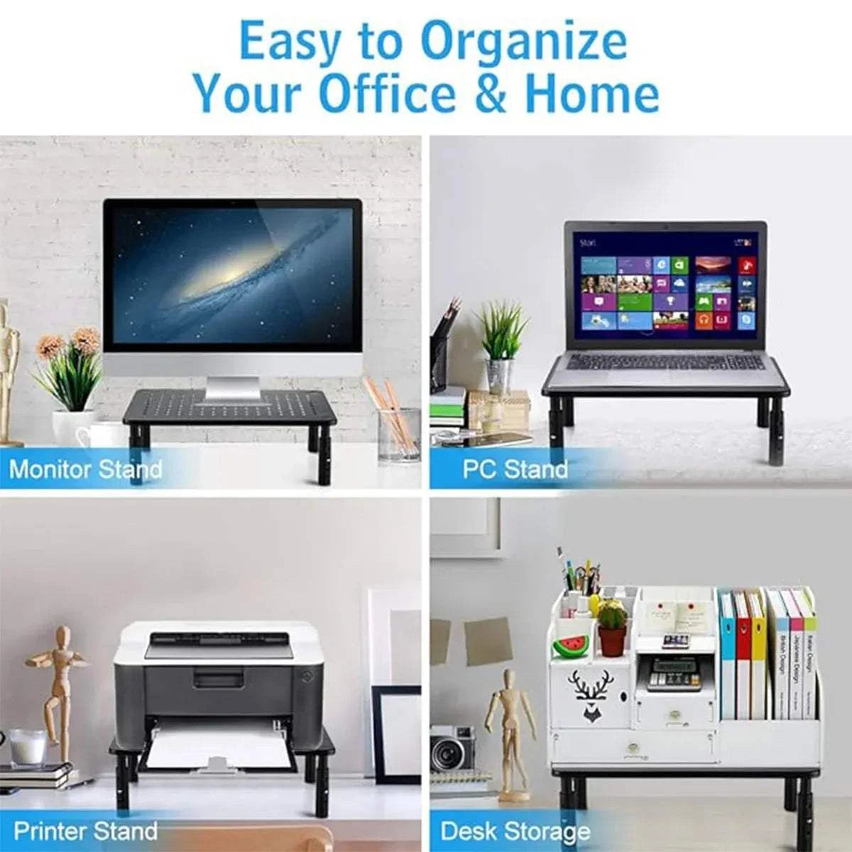 Adjustable Monitor & Laptop Riser in black iron with a perforated top, sturdy legs, and open space underneath for storage beneath screens and devices