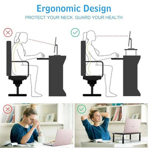 Adjustable Monitor & Laptop Riser in black iron with three height settings to improve ergonomic posture and reduce neck strain.