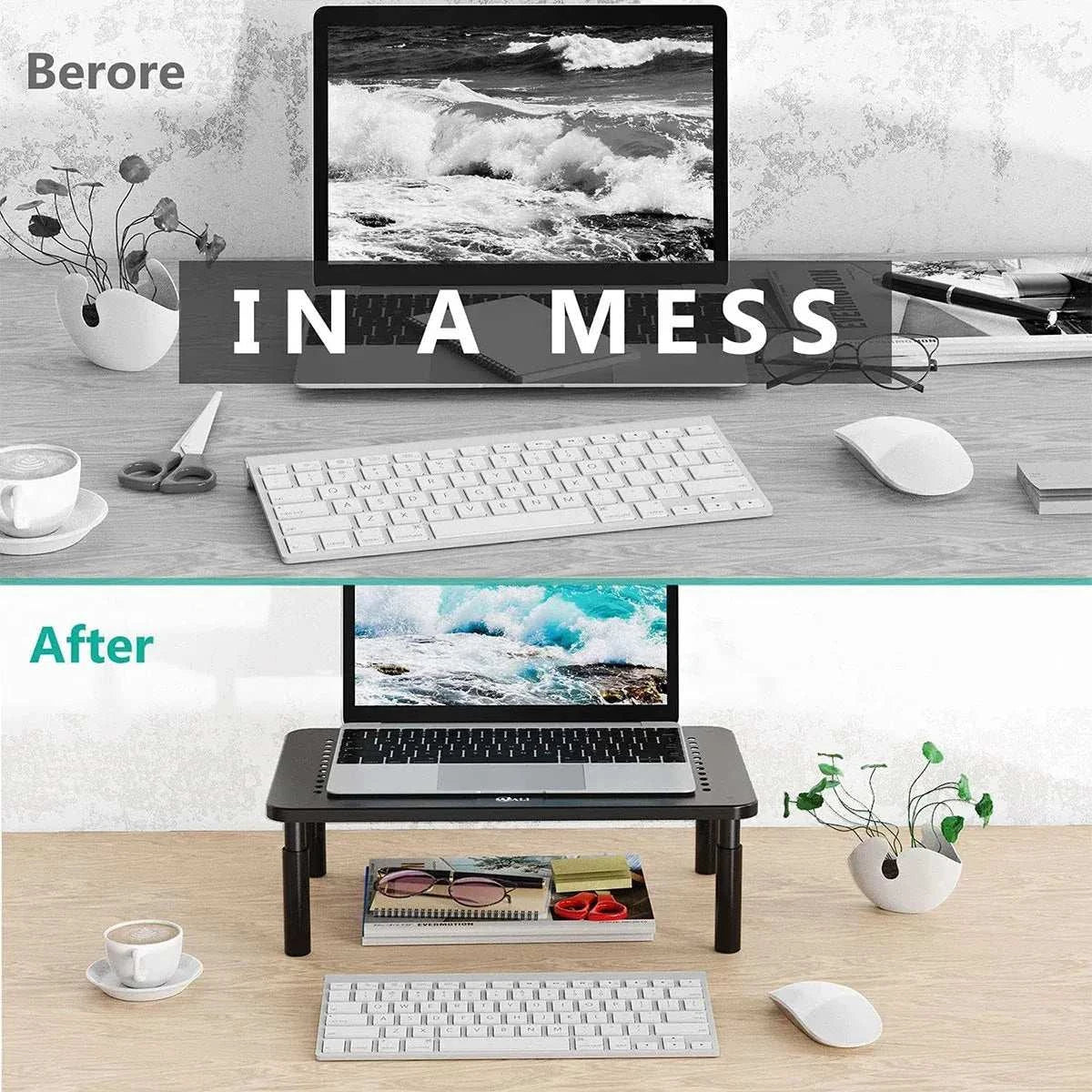 Adjustable Monitor & Laptop Riser in black iron with 3 height settings, sturdy design, and under-desk storage space.