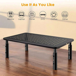 Adjustable Monitor & Laptop Riser in black iron with perforated top and three adjustable height legs for ergonomic use.