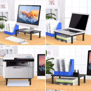 Adjustable Monitor & Laptop Riser in black iron with 3 height settings, non-slip base, and open under-desk storage space.