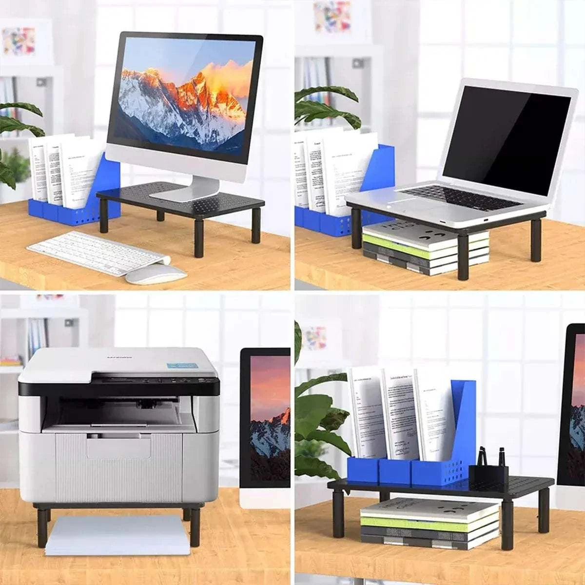Adjustable Monitor & Laptop Riser in black iron with 3 height settings, non-slip base, and open under-desk storage space.
