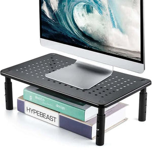 Adjustable Monitor & Laptop Riser in black iron with perforated surface and three height settings to elevate screens ergonomically