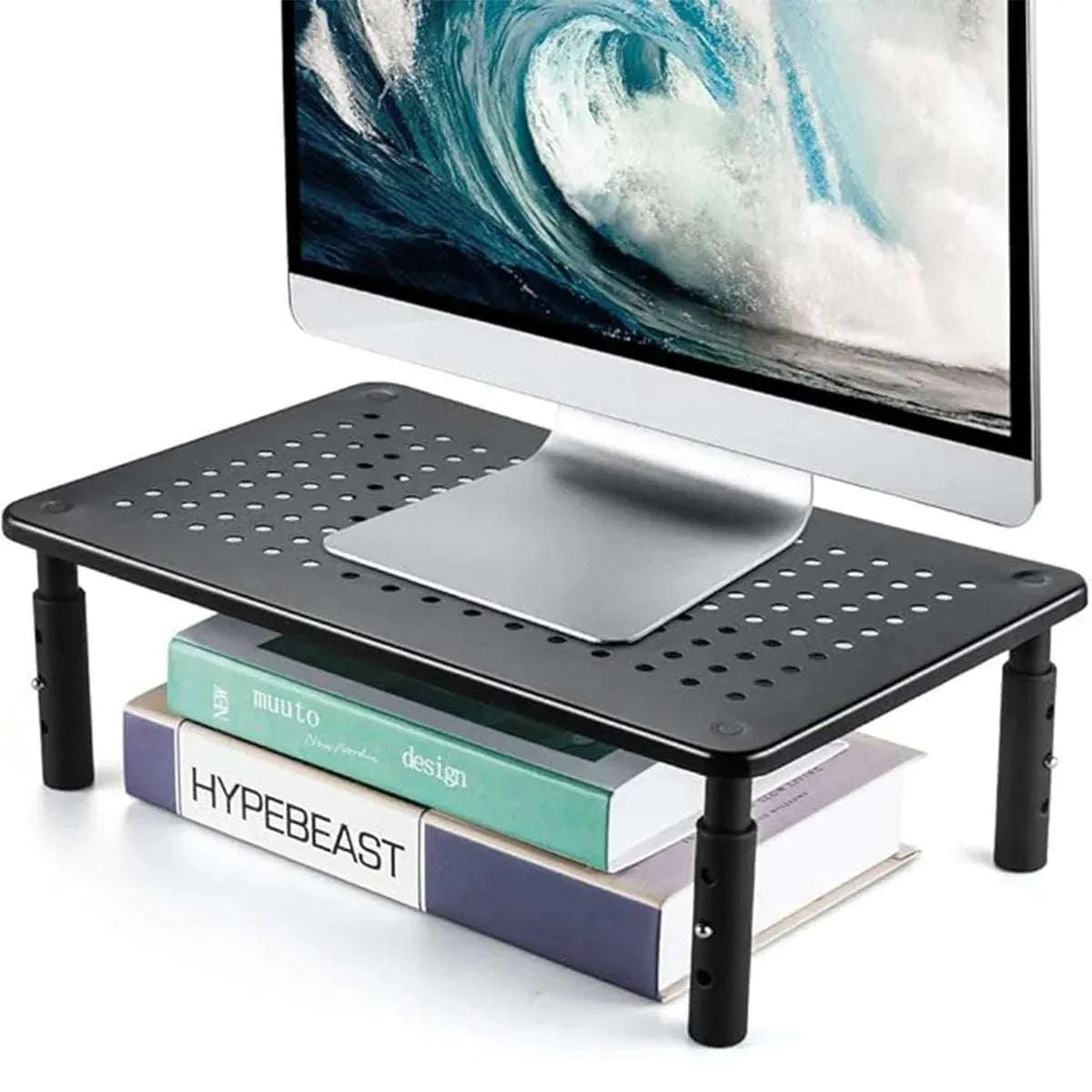 Adjustable Monitor & Laptop Riser in black iron with perforated surface and three height settings to elevate screens ergonomically