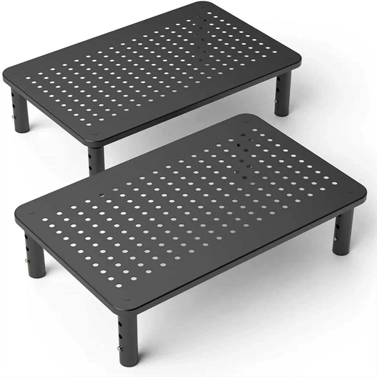 Adjustable Monitor & Laptop Riser in black iron with perforated surface and four cylindrical legs, showing two height settings.