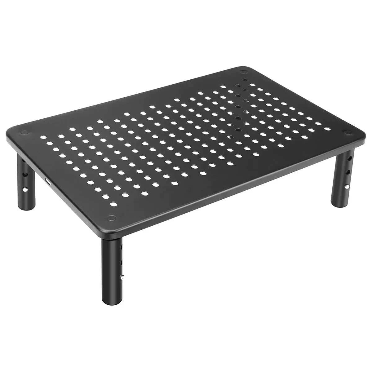 Adjustable Monitor & Laptop Riser in black iron with perforated surface and 3 adjustable height legs for ergonomic use.