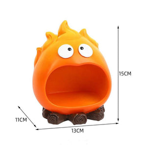 Creative Cartoon Flame Key Holder Tray in bright orange resin, with playful eyes, a wide open pocket and brown log-style base