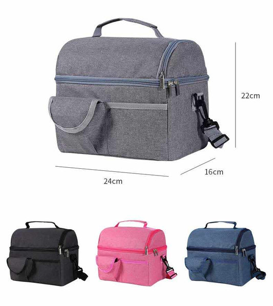 Black Large Insulated Breast Milk Storage Bag, grey woven fabric with dual zippers, front pocket, top handle and shoulder strap