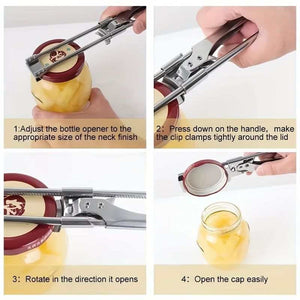 2 Set/4 Pcs Adjustable Jar Opener in stainless steel with sliding jaws and lever handle gripping and lifting a jar lid