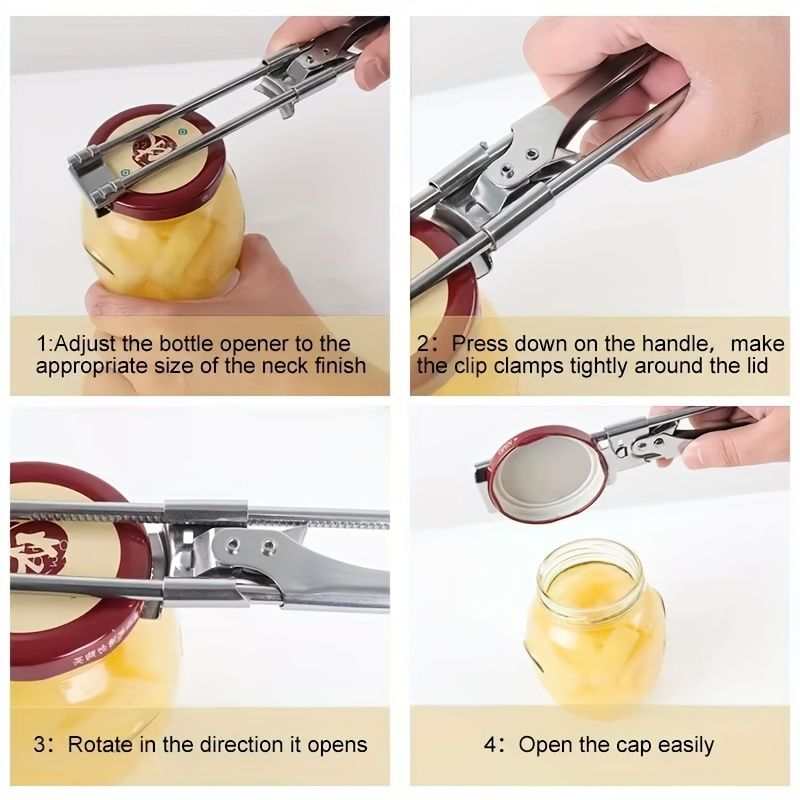 2 Set/4 Pcs Adjustable Jar Opener in stainless steel with sliding jaws and lever handle gripping and lifting a jar lid