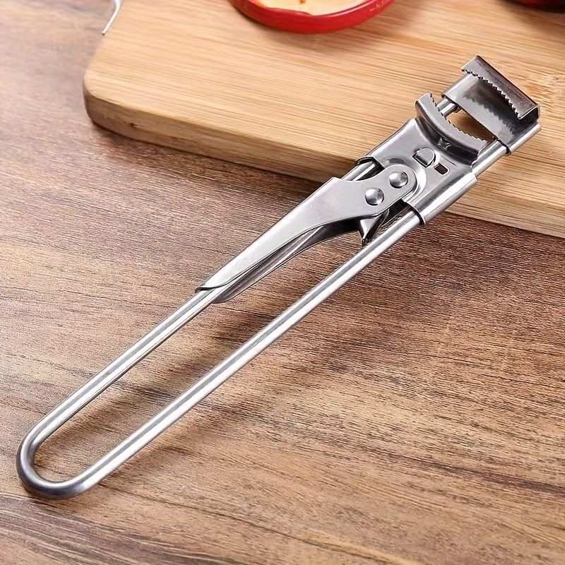 2 Set/4 Pcs Adjustable Jar Opener in polished stainless steel with a long lever handle and serrated adjustable gripping jaw