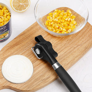 2pc Multifunctional Safe-Cut Can Opener with a black ergonomic handle, silver metal cutter head and hanging hole