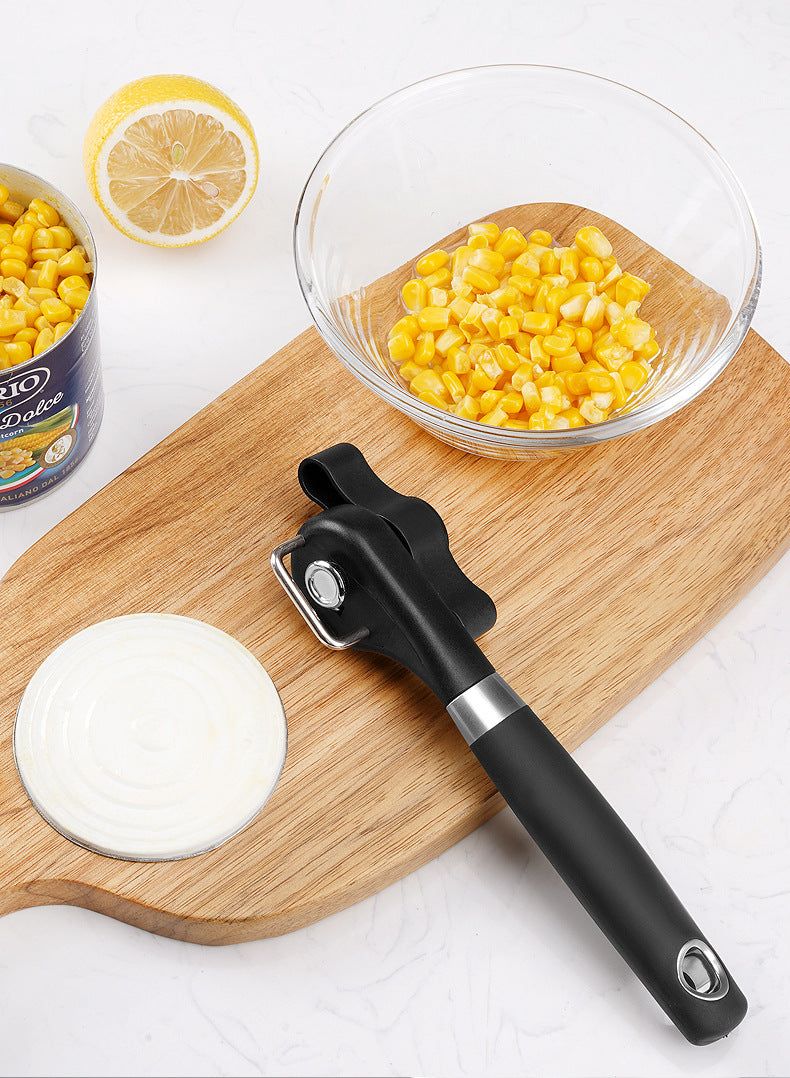 2pc Multifunctional Safe-Cut Can Opener with a black ergonomic handle, silver metal cutter head and hanging hole
