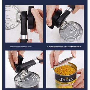 2pc Multifunctional Safe-Cut Can Opener shown in four steps, with a black ergonomic handle opening a can smoothly