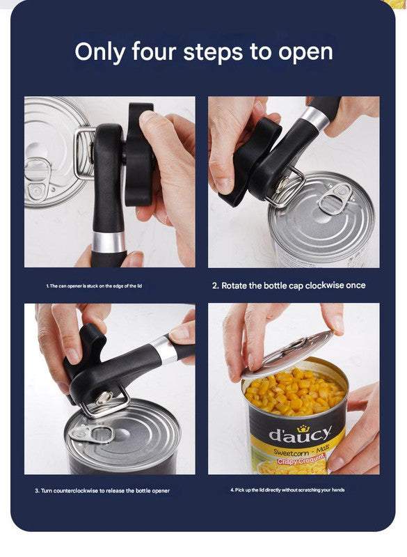 2pc Multifunctional Safe-Cut Can Opener shown in four steps, with a black ergonomic handle opening a can smoothly