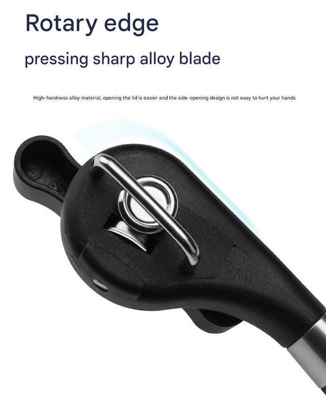 2pc Multifunctional Safe-Cut Can Opener with a black ergonomic handle and shiny alloy steel rotary cutting mechanism