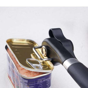 2pc Multifunctional Safe-Cut Can Opener in black with a silver metal cutting head lifting the smooth-edged lid of a tin