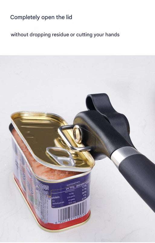 2pc Multifunctional Safe-Cut Can Opener in black with a silver metal cutting head lifting the smooth-edged lid of a tin
