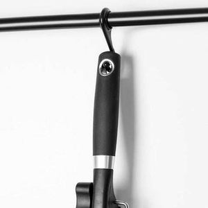 2pc Multifunctional Safe-Cut Can Opener with a black ergonomic handle, silver metal details, and a hanging hole