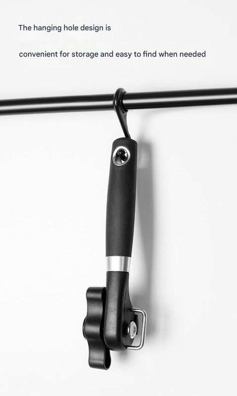 2pc Multifunctional Safe-Cut Can Opener with a black ergonomic handle, silver metal details, and a hanging hole