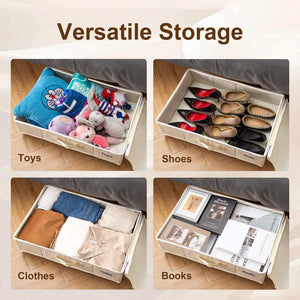 Black Size S Collapsible Underbed Storage Organizer shown storing toys, shoes, clothes and books in four use examples