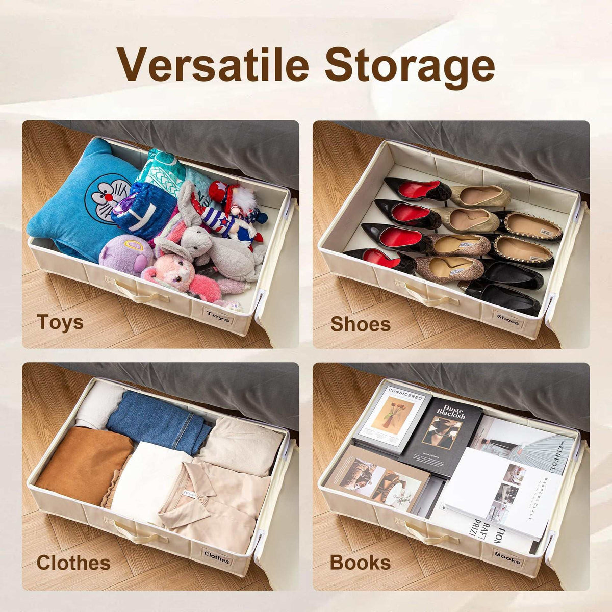 Black Size S Collapsible Underbed Storage Organizer shown storing toys, shoes, clothes and books in four use examples