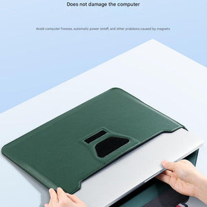 3-in-1 PU Leather Laptop Sleeve in dark green with a smooth finish, folded into a laptop stand with a cutout flap