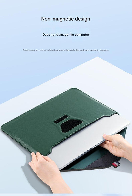 3-in-1 PU Leather Laptop Sleeve in dark green with a smooth finish, folded into a laptop stand with a cutout flap