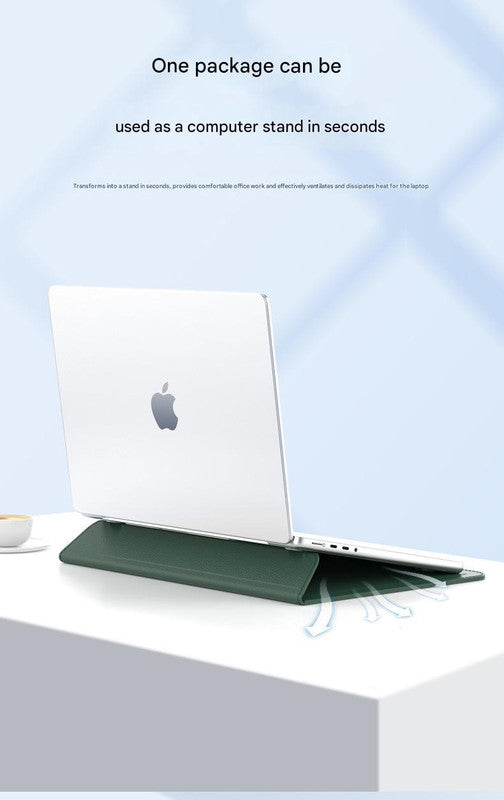 3-in-1 PU Leather Laptop Sleeve in dark green, folded into a raised laptop stand with a smooth, flat surface