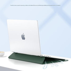 3-in-1 PU Leather Laptop Sleeve in dark green, folded into a triangular laptop stand with a laptop resting on top
