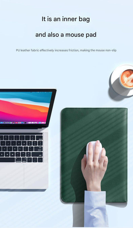 3-in-1 PU Leather Laptop Sleeve shown as a dark green, textured mouse pad beside a laptop, with a hand using a mouse