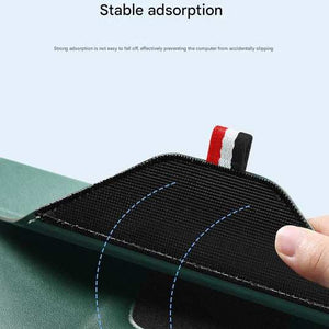 3-in-1 PU Leather Laptop Sleeve with black hook-and-loop fastening tab and stitched edges, shown securing the green flap