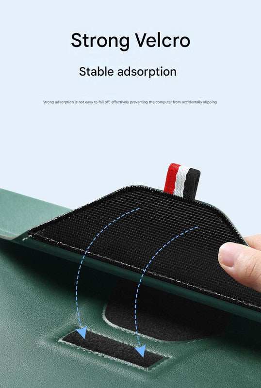 3-in-1 PU Leather Laptop Sleeve with black hook-and-loop fastening tab and stitched edges, shown securing the green flap