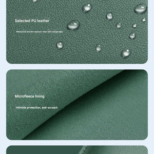 3-in-1 PU Leather Laptop Sleeve shown in close-up panels with textured green PU leather, microfibre lining and stitched edges