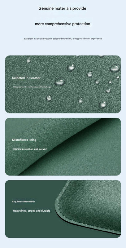 3-in-1 PU Leather Laptop Sleeve shown in close-up panels with textured green PU leather, microfibre lining and stitched edges