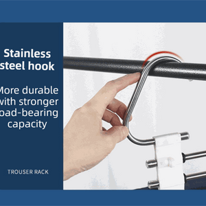 5-Tier Sliver Stainless Steel Pants Rack with a polished silver steel hook, sturdy curved design and white fittings