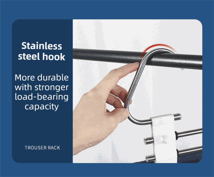 5-Tier Sliver Stainless Steel Pants Rack with a polished silver steel hook, sturdy curved design and white fittings