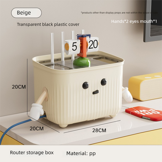 Beige Router Storage Box in ribbed PP plastic with a transparent black lid, side cable port and ventilation slots