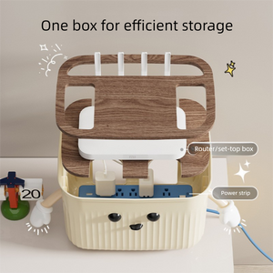 Beige Router Storage Box in ribbed plastic with a wood-grain upper panel, cable openings and ventilation slots