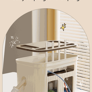 Beige Router Storage Box in ribbed plastic with a removable slotted divider, large rear opening and side cable ports