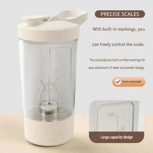 Office Comfort Gift Bundle featuring a cream self-stirring cup with a clear body, built-in measurement markings and a one-touch control