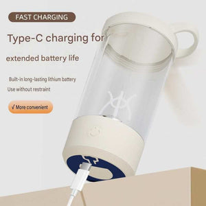 Office Comfort Gift Bundle featuring a white and translucent self-stirring cup with a handle and USB-C charging port