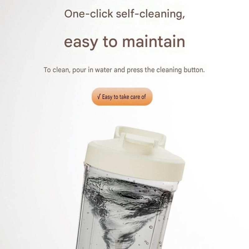 Office Comfort Gift Bundle self-stirring cup with a clear vessel and cream lid, showing a one-click cleaning feature