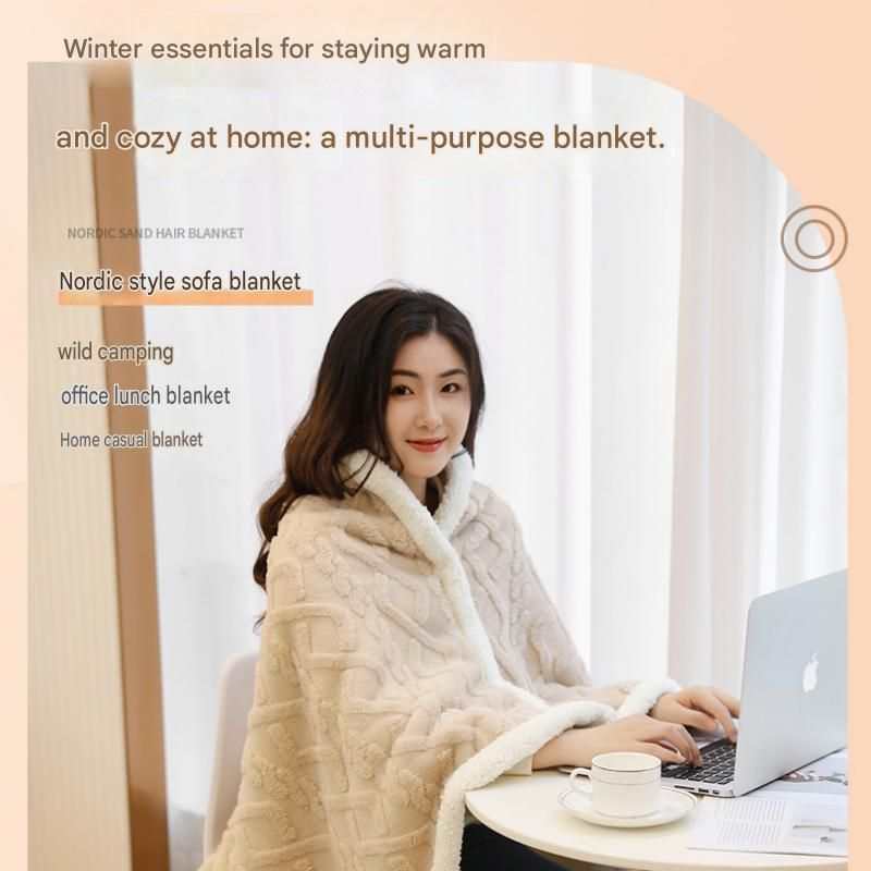 Office Comfort Gift Bundle featuring a cream sherpa blanket with a raised cable-knit pattern draped around a seated woman